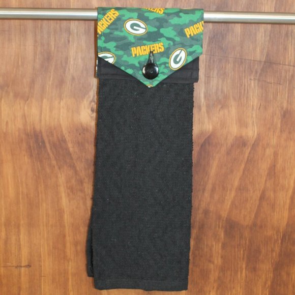 GREEN BAY PACKER BLACK & GREEN PRINT HANDMADE HANGING KITCHEN COTTON TOWEL - Picture 4 of 9